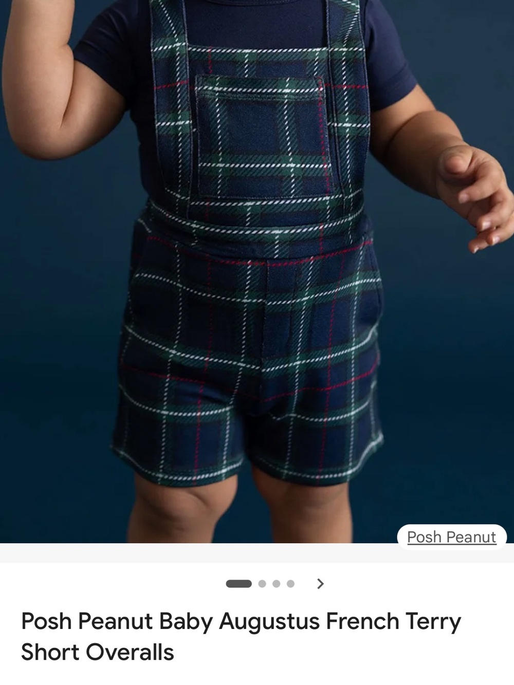 Posh Peanut Augustus French terry Navy and Green Plaid Short Overalls 6-12